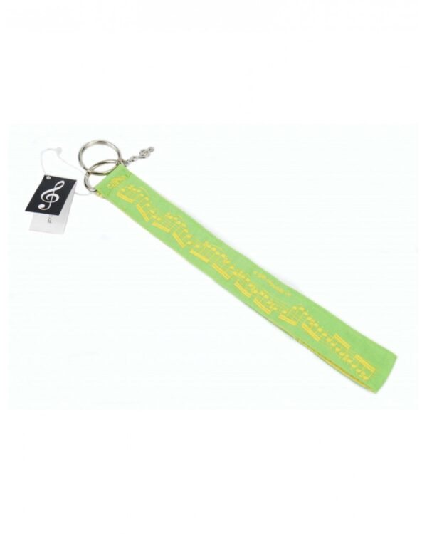 Porte clef lanière vert et jaune motif partition de musique - 23cm