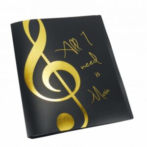 Porte vue A4, 20 pochettes, coloris noir avec clé de sol + "All I need is music" en doré